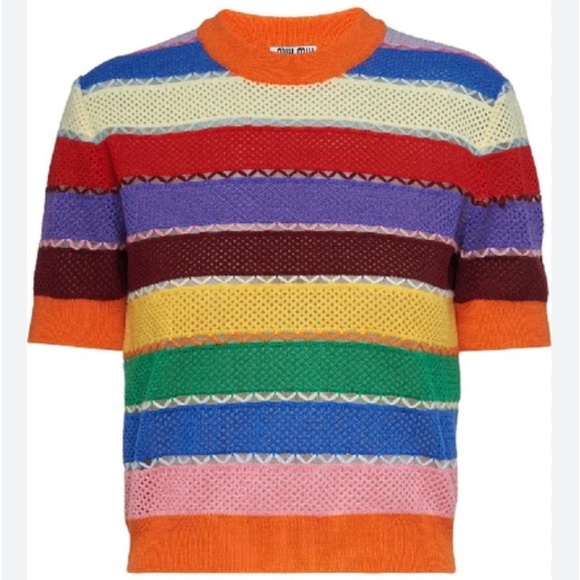 $890 Sold Out Miu Miu striped short sleeve knit top rainbow 38 S XS M cropped - Picture 4 of 4